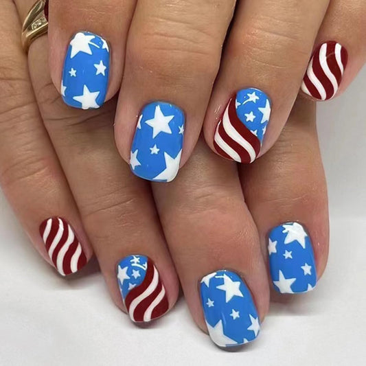 4th of July Press on Nails Short Square Fake Nails Independence Day False Nails Press ons with American Flag Designs Acrylic Nails Full Cover Glue on Nail Stick on Nails for Women Manicure 24Pcs