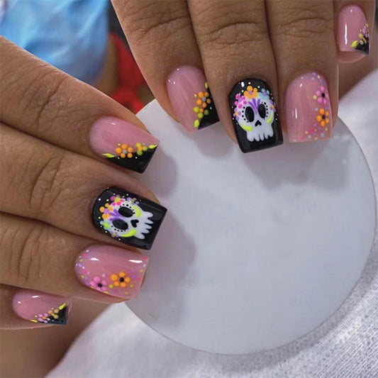 Halloween Press on Nails Short Square Fake Nails with Cute Skull Designs Pink and Black Acrylic False Nails Halloween Nails Full Cover Stick on Nails for Women24pcs