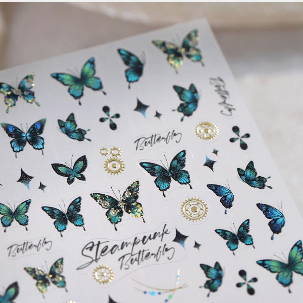 Green Butterfly Nail Stickers 5D Embossed Flower Nail Art Stickers Starlight Nail Decals 3D Self-Adhesive Spring Nail Supplies Summer Nails Decoration Accessories for Women Girls Manicure 1 Sheet