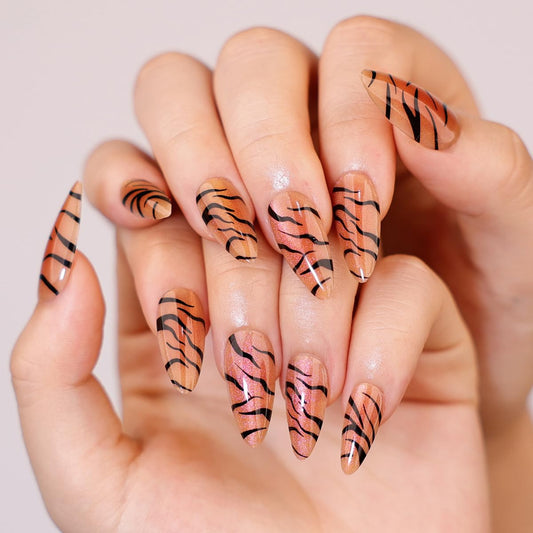 Tiger Print Press on Nails Medium Almond Fake Nails with Design Full Cover Glue on Nails for Women Manicure,Reusable | Nail Sticky Tabs | Easy Apply | 24Pcs