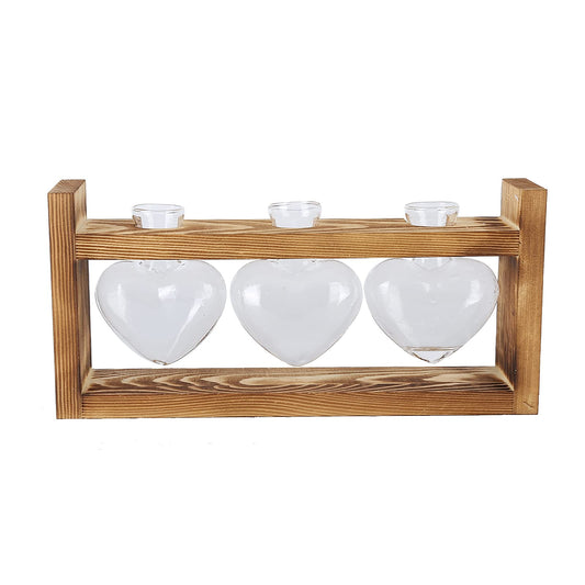 RXMORI Heart Shape Bulb Vase with Vintage Wooden Stand,Clear Glass Vase for Flowers,Decorative Hydroponic Test Tube Vase for Living Room(Retro Box + 3 Heart Bottles)