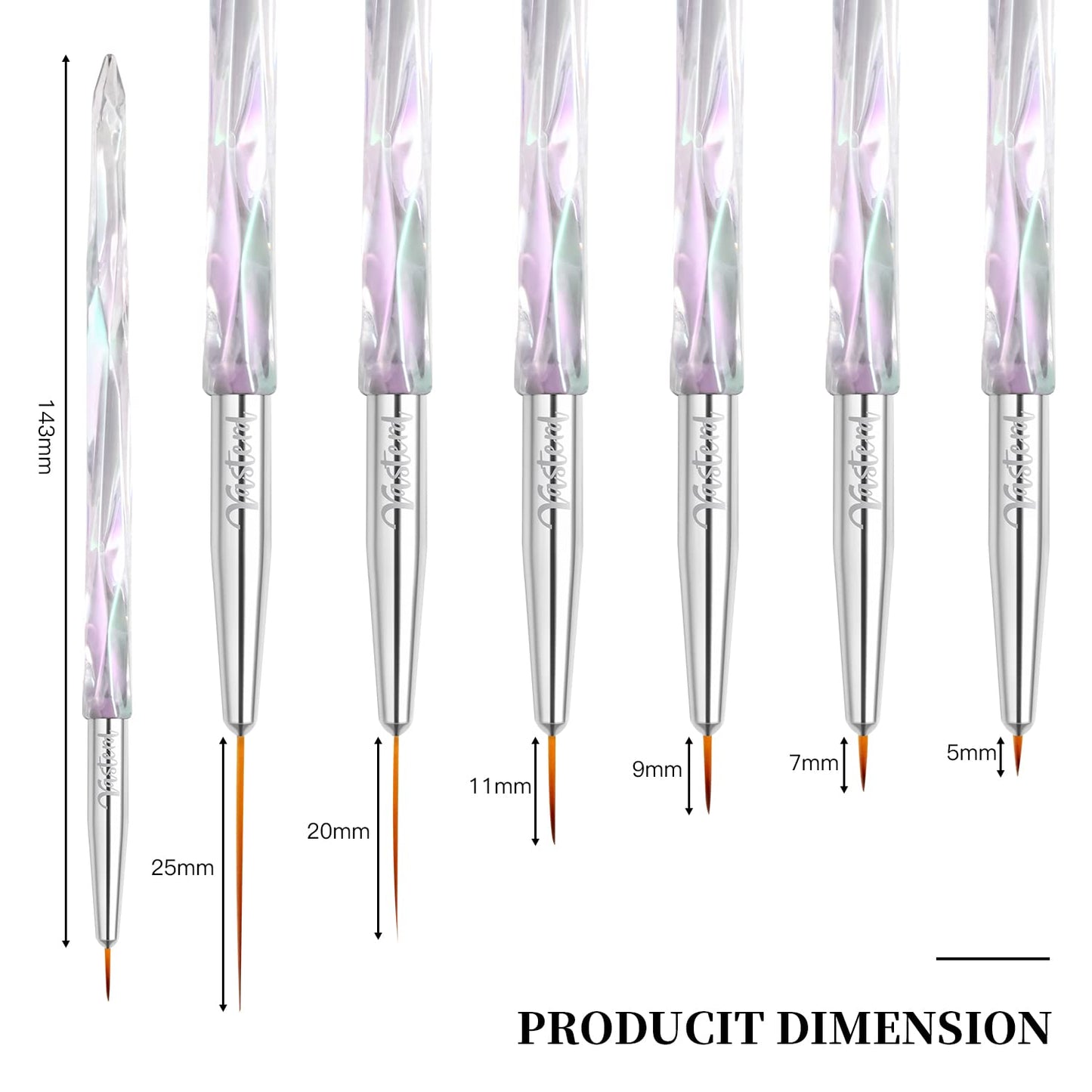 Yasterd Nail Art Liner Brushes, UV Nail Gel Polish Painting Nail Art Design Brush Pen Set for Long Lines, Short Strokes, Details, Blending, Elongated Lines Sizes 5/7/9/11/20/25mm Crystal Handle 6Pcs