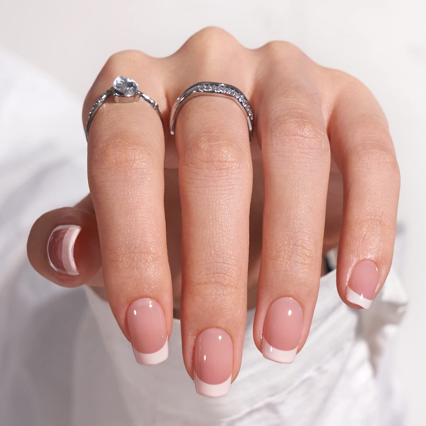 Press On Nails Short - Made by Soft Gel Light Weight & Fit Perfectly, BTArtbox Netural French Nails and White Fake Nail with Nail Glue, Stick On Nails in 15 Sizes - French Girl & Cream Puff