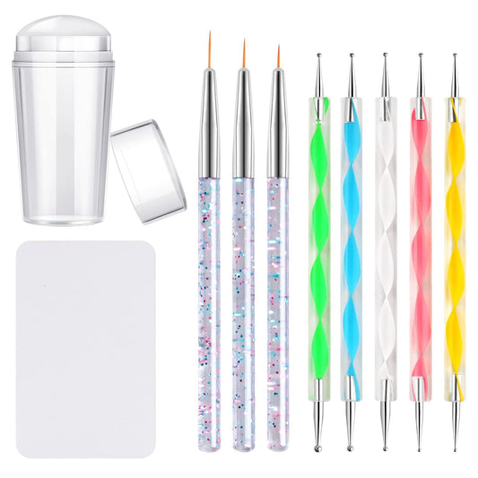 Kalolary Silicone Nail Stamper Set, French Tip Nail Stamp Jelly with Scraper, 3PCS Nail Detail Brush Set Nail Art Brush Pen, 5PCS Nail Dotting Pen, French Tip Nails Art Design Manicure Tools