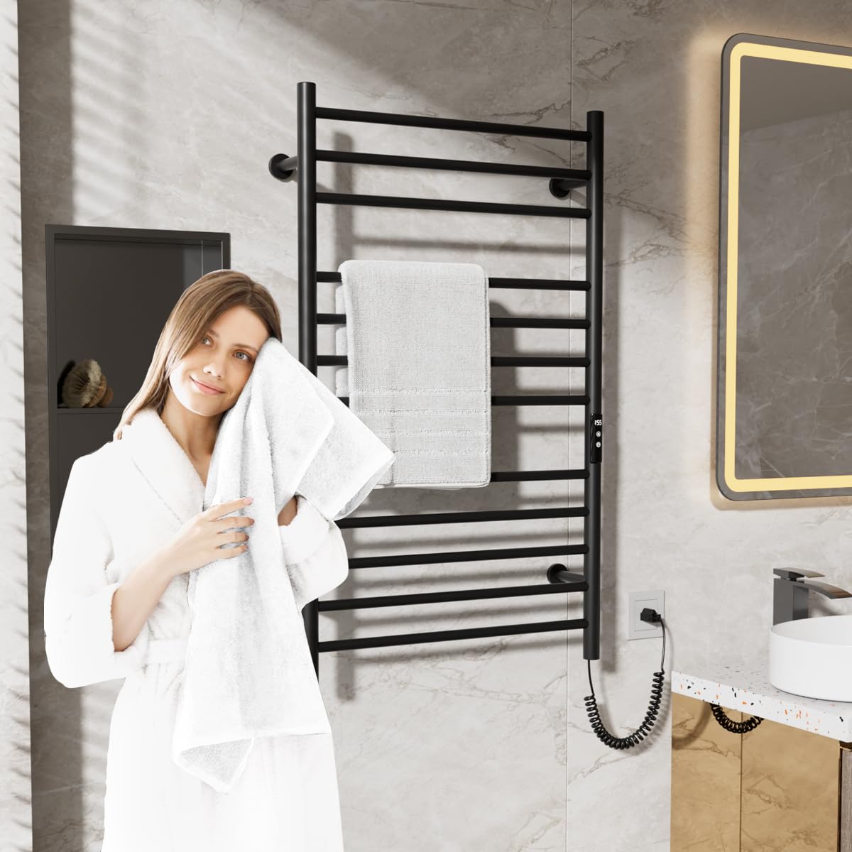 MENATT 12 Bars Heated Towel Warmer Racks Wall Mounted, Electric Heated Towel Rack for Bathroom,Towel Warmer Rack with Built-in Timer,Adjustable Temperature,Matte Black