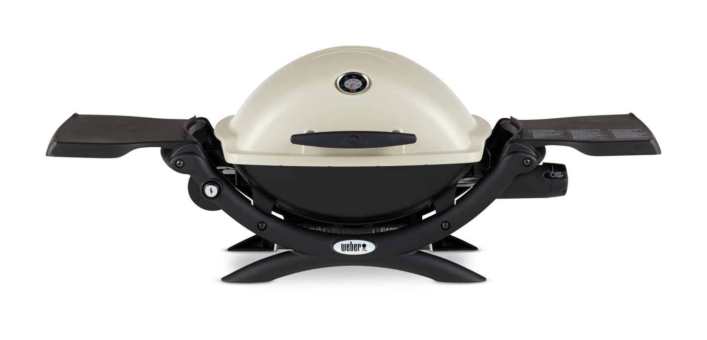 Weber Q1200 Liquid Propane Portable Gas Grill, Titanium – 1‑Burner Travel and Camping Grill with Cast‑Iron Grates & Electronic Ignition (8,500 BTU Burner)