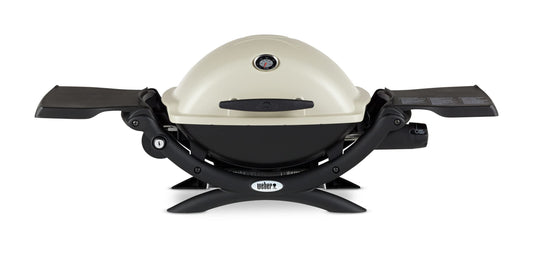 Weber Q1200 Liquid Propane Portable Gas Grill, Titanium – 1‑Burner Travel and Camping Grill with Cast‑Iron Grates & Electronic Ignition (8,500 BTU Burner)