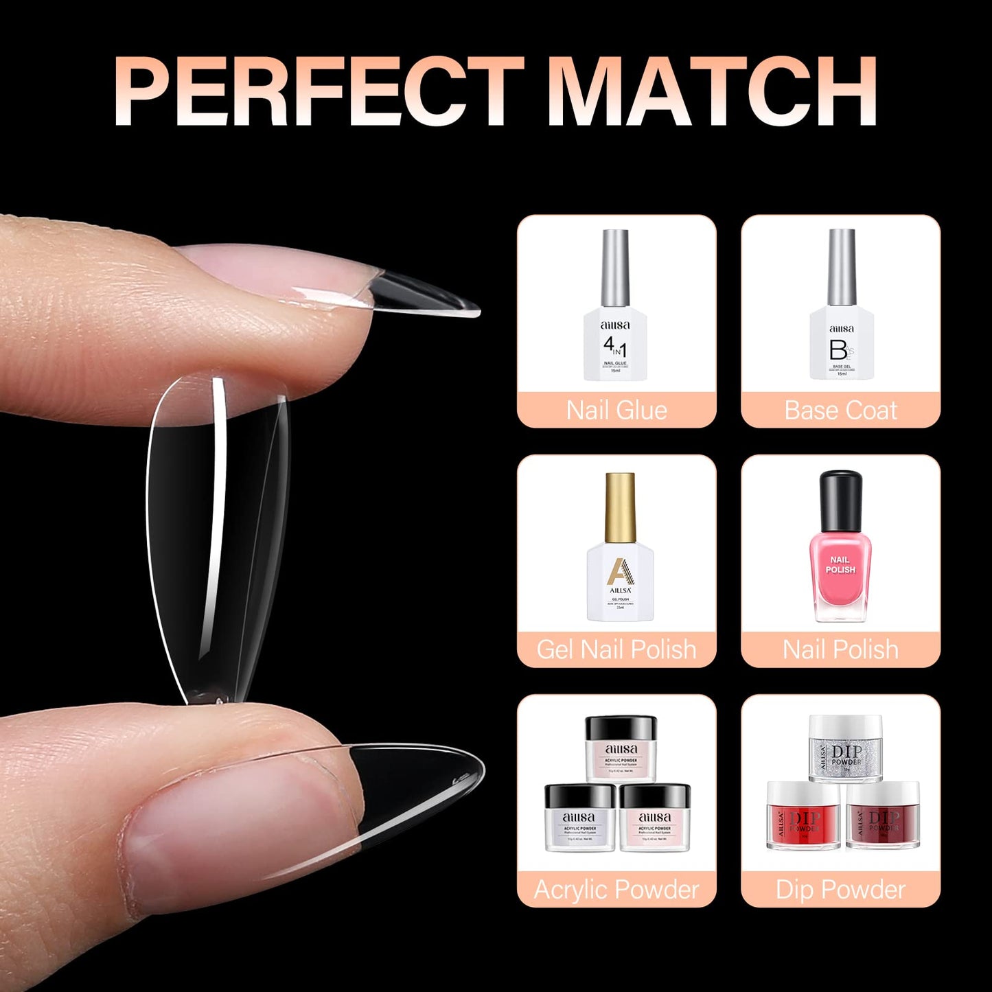 AILLSA Almond Nail Tips 504pcs Clear Nails Tips Gel Full Cover Nails Tip Medium Almond Shaped Fake Soft Nails for Press on Nail Extensions Home DIY Nails Salon- X (12 Sizes)