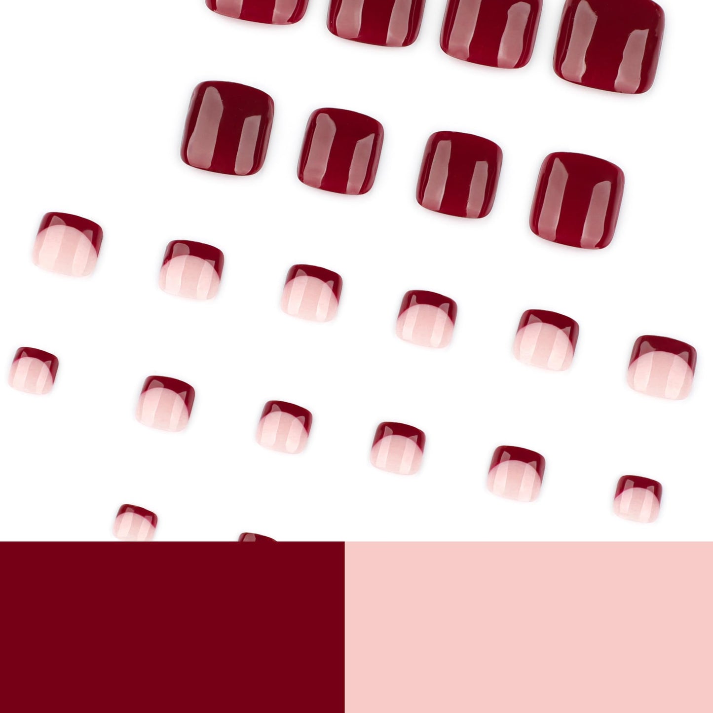 Wine Red Press on Toenails Short Square Fake Toe Nails Red French Tip False Toenails Glossy Full Cover Acrylic Toe Nails Stick on Nails for Woman 24Pcs