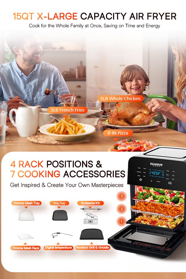 Nuwave Brio 15.5Qt Air Fryer Rotisserie Oven, X-Large Family Size, Powerful 1800W, 4 Rack Positions, 50°-425°F Temp Controls, 100 Presets & 50 Memory, Integrated Smart Thermometer, Linear T Technology