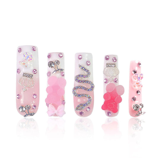 LOVFUL Reusable Press on Nails | Gummy Bear Glam | Salon Quality Sustainable Style Handmade with Full Covered Crystals | Square Mid length 1.7 in | H26-L
