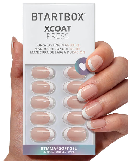 BTArtbox Press On Nails Short - Lamp-Curable Oval White French Tips Press On Nails with Glue for Women, Semi-Transparent Soft Gel Glue On Nails in 15 Sizes - 30 Stick On Nails Kit, Chic Twins