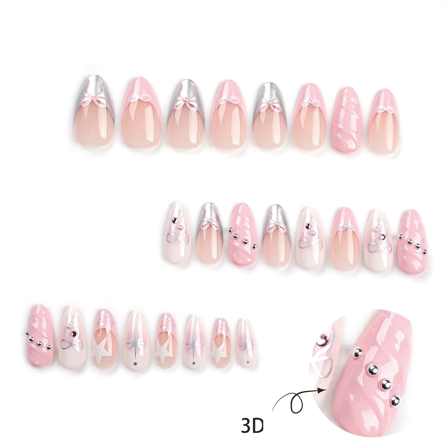 SINHOT Y2K Press on Nails Medium Almond Fake Nails with Glue Pink False Nails Stiletto 3D Design Bowknot Ballerina Acrylic Nail 24pcs