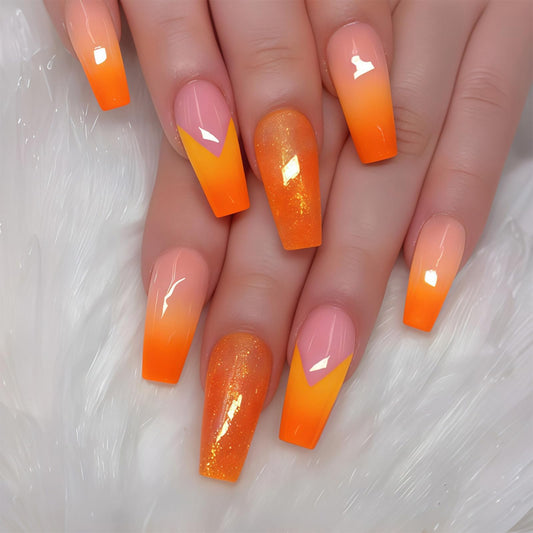 SINHOT Coffin Press on Nails - Long Fake Nails, Glossy Finish, Orange Gradient & Glitter, Reusable Artificial False Nail Art - 24 Pcs Nail Kit with Glue