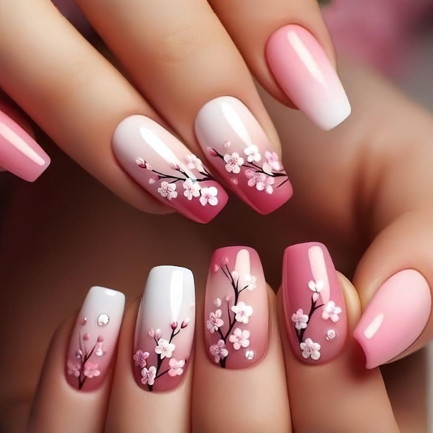LOPMNGHT 24Pcs Flower False Nails Medium Press on Nails Ballet Shaped Pink Gradient Acrylic Nails Floral Design Spring Fake Nails Full Cover Flower Stick on Nails Artificial Nails for Women Decoration