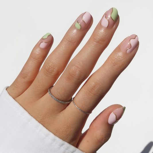 Glamnetic Press On Nails - Short Oval Fake Nails, Pink & Green Swirl Nails with Gold Foil Accents, Strawberry Matcha | 15 Sizes - 30 Nail Kit with Glue | Gift for Mom