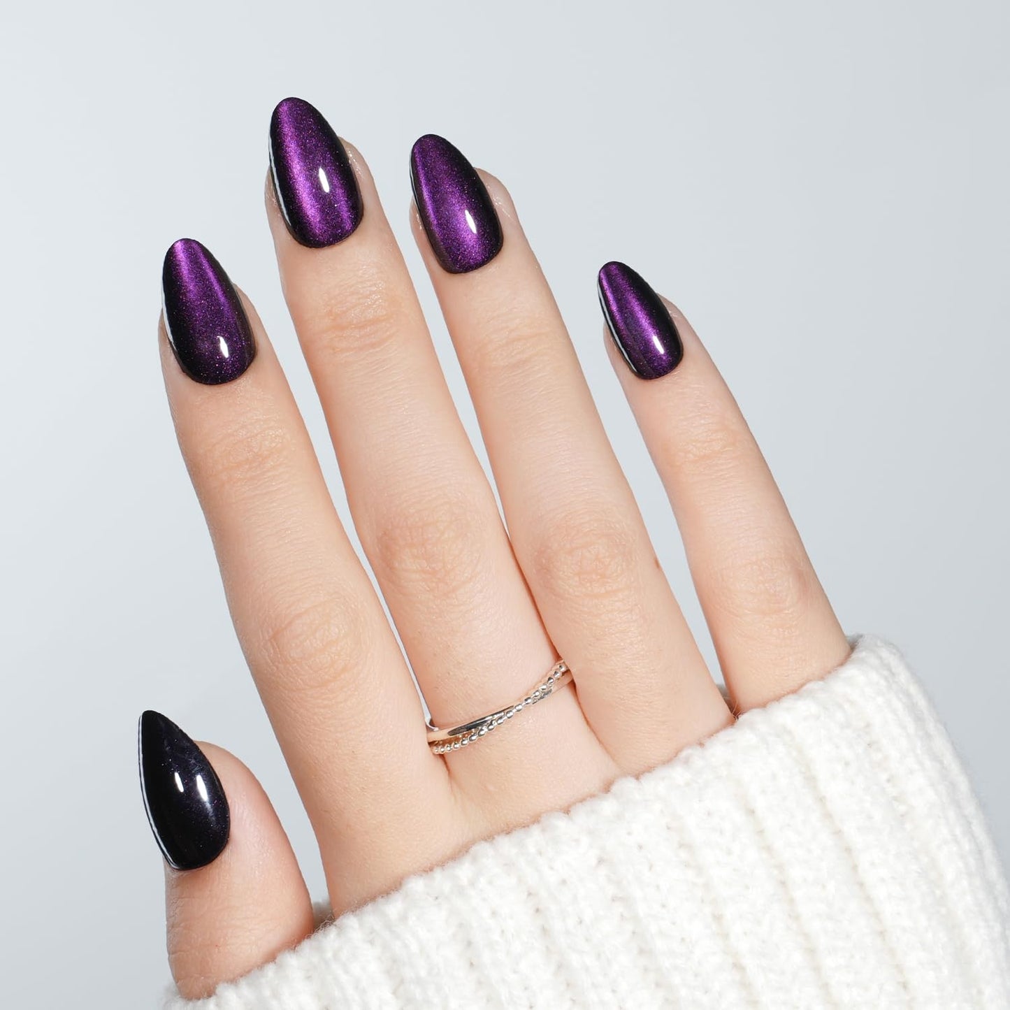Leefrei Purple Cat Eye Press on Nails - Short Almond Cat Eye Nails, Soft Gel Violet Reusable Glossy Fake Nails Press ons for Women, 32 pcs in 16 Sizes False Nails Kit with Glue, Violet Mirage