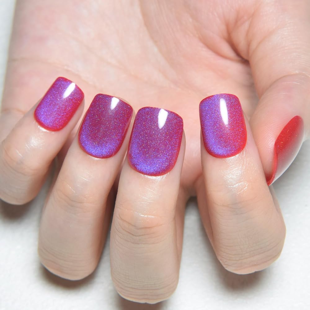 Blue Red Cat Eye Extra Short Press on Nails Square, Petite Short Square Stick on Nails for Women Gift, Purple Red Metallic Glitter Glossy Reusable Soft Gel Press on Acrylic Fake Nail with Designs