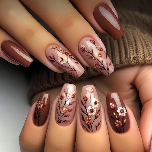 Fall Press on Nails Medium Length Fake Nails Brown Flower Gradient False Nail Full Cover Stick on Nail Fall Glue on Nails Reusable Artificial Coffin Shaped Nail for Women Manicure Kit 24Pcs