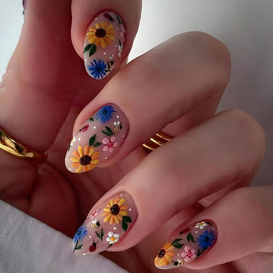 Spring Summer Press On Nails 24Pcs Medium Almond Fake Nails With Flower Daisy Designs Full Cover Glue On Acrylic False Nails Cute Floral Stick On Nails for Women and Girls