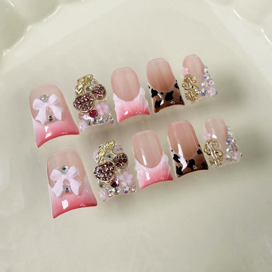 Handmade Press on Nails Short Fake Nails Duck False Nails 3D Cherry and Bow Pink French Tip Luxury Cute Artificial Nail for Women 10pcs (Size M）