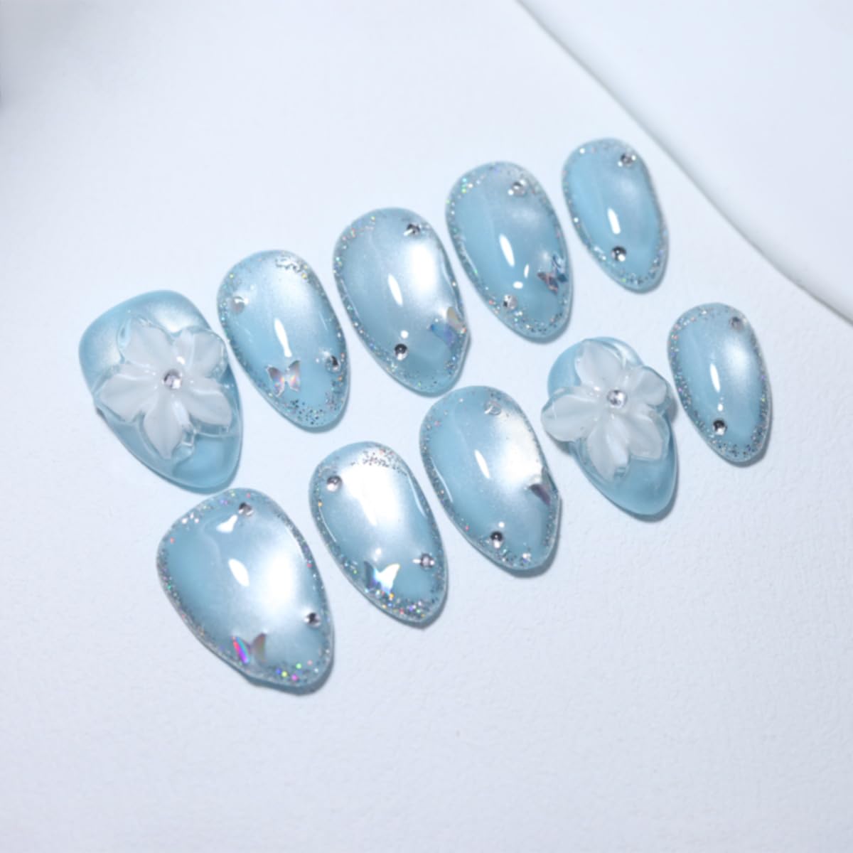 10 Pcs Short Almond Handmade Press On Nails | Sky Blue Cat Eye with 3D Floral & Rhinestone Accents | Reusable, Easy to Apply & Remove, Salon-Quality Manicure (RR16, S)