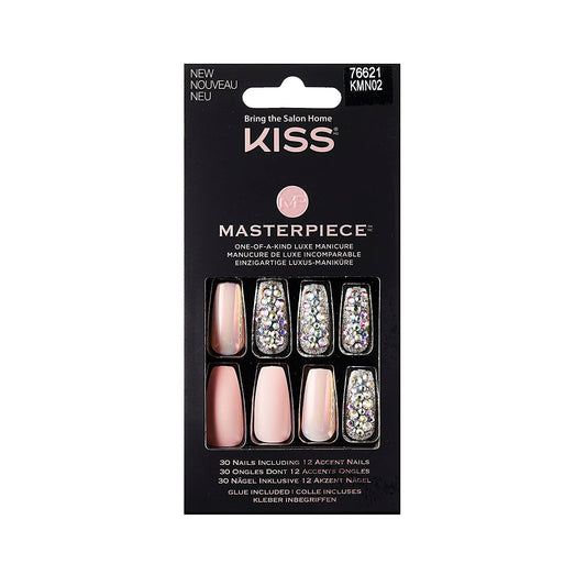 KISS Masterpiece One-Of-A-Kind Luxe Manicure, Premium Acrylic Fake Nails with Pink Gel Nail Glue, Manicure Stick, Mini Nail File, & 30 Glue On Nails Including 12 Accent Nails