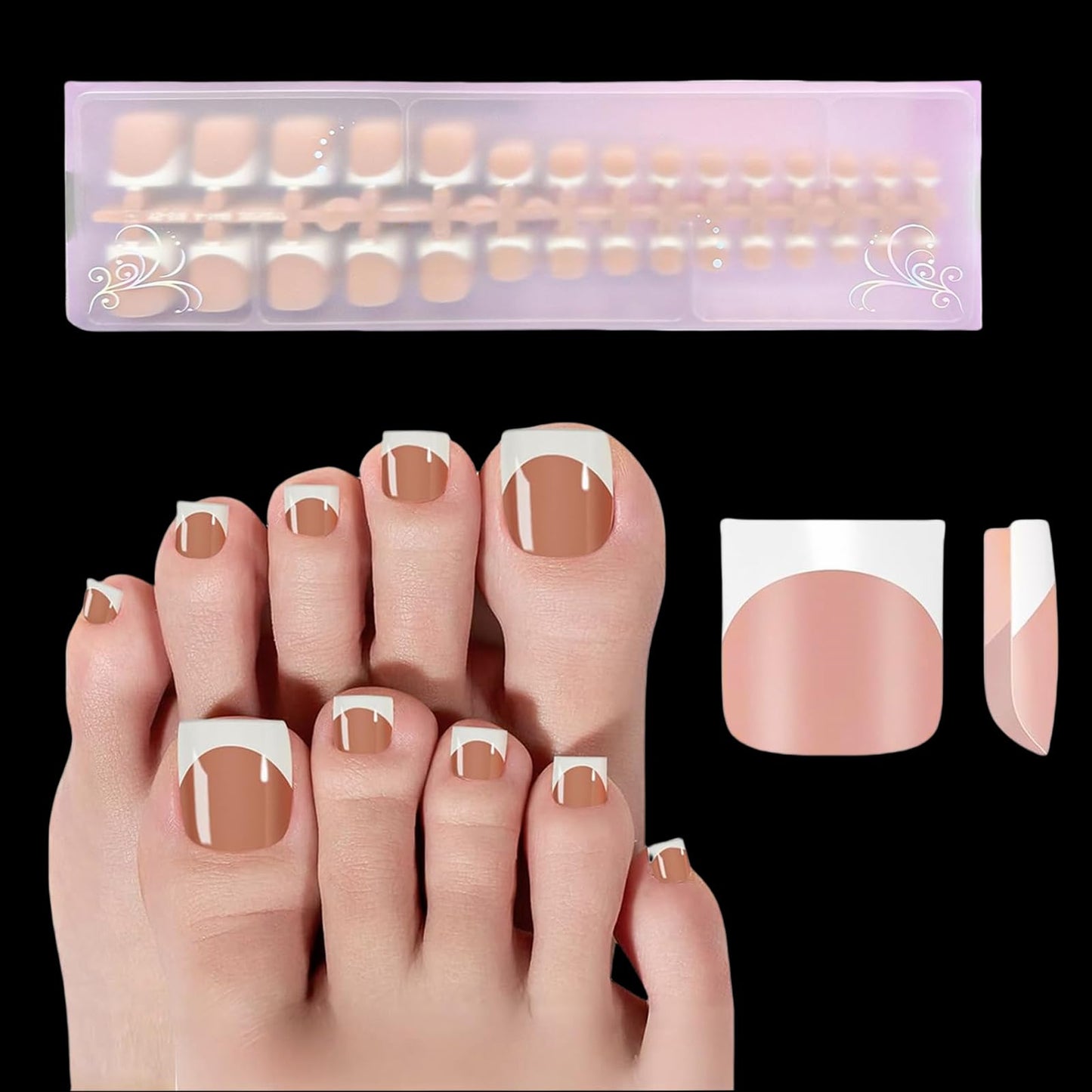OPkssnails 150pcs French Tip Press on Toenails Short Square, Brown Press On Nails White French Toe Nail Tips for Women, Soft Gel Fake Toe Nails, Acrylic Nails Soak off Nail Home DIY 15 Size