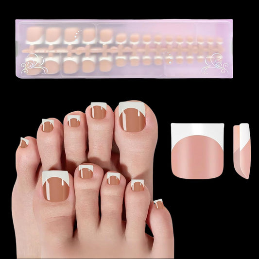 OPkssnails 150pcs French Tip Press on Toenails Short Square, Brown Press On Nails White French Toe Nail Tips for Women, Soft Gel Fake Toe Nails, Acrylic Nails Soak off Nail Home DIY 15 Size