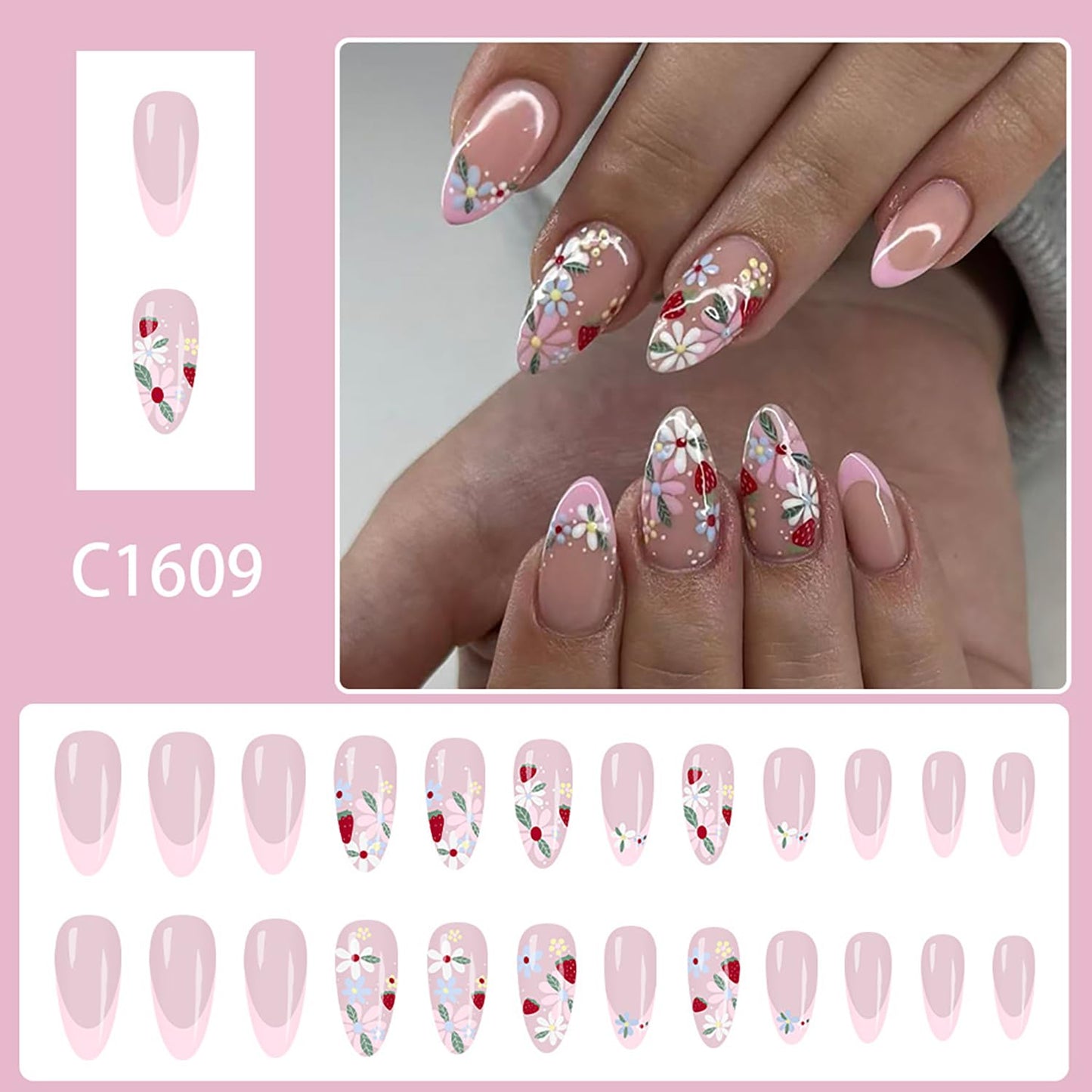 Press on Nails, Medium Almond, Pink French Tip, Colorful Floral Strawberry Design, Glossy Finish, Full Cover Stick on Nail, 24 Pcs