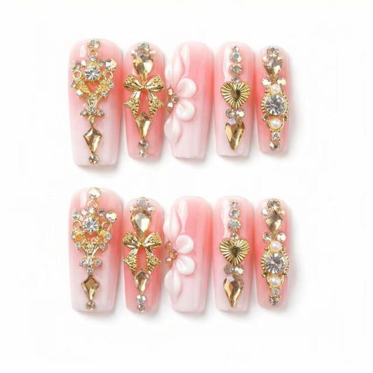 Haozerart Luxury Handmade Press on Nails Long Square Pink Fake Nails with Gold Rhinestones Reusable False Nails Kit for Women Daily Party Use 10Pcs M Size