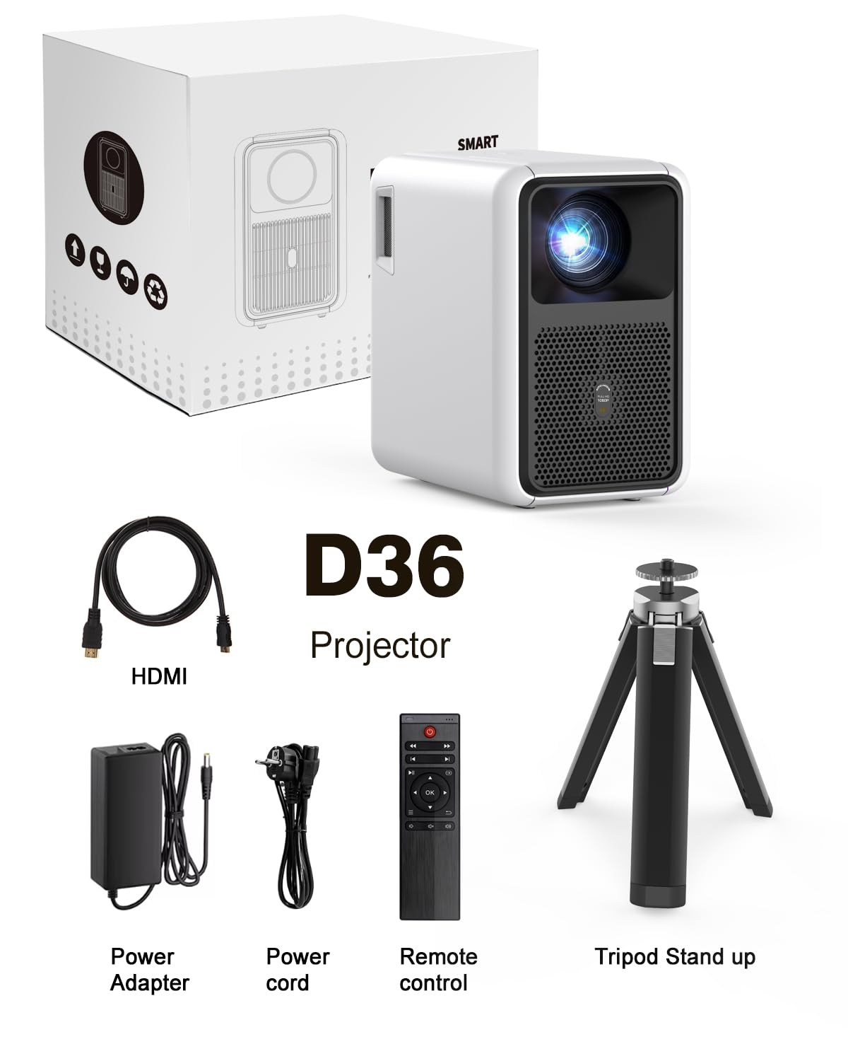 1800 ANSI Native 1080P Bluetooth Projector, Auto Focus Auto Keystone 4K Support Projector, Smart Video Indoor Projector with Wifi 6 And Bluetooth,Smart Streaming for Home Theater Office Game Projector