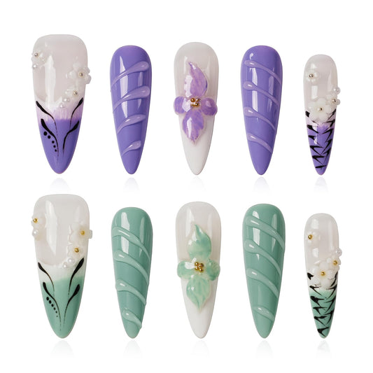 Tesytto Purple & Green Press on Nails Long Stiletto - Handmade Floral Leopard French Tip, Luxury 3D Flower Design, Spring Vacation Salon Finish Stick on Nails (Flower Fairy,S)