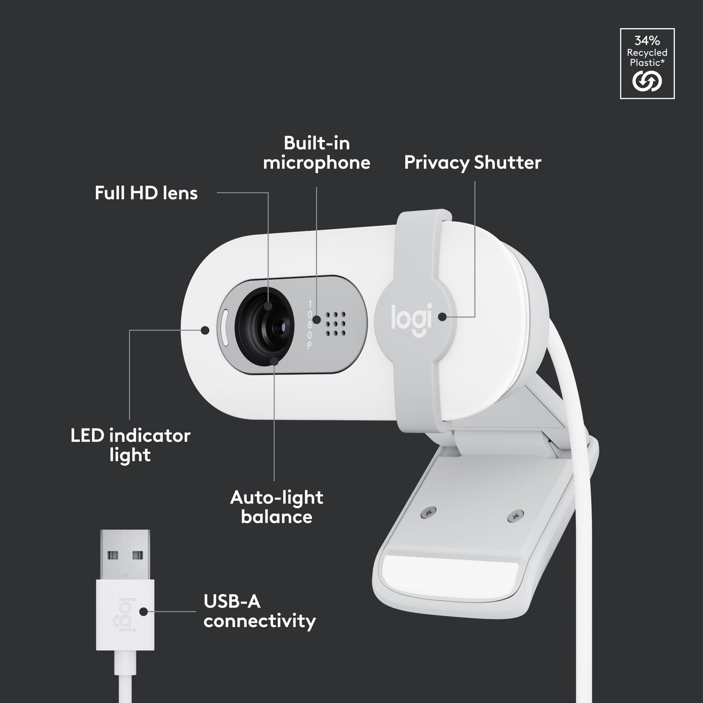Logitech Brio 100 Full HD 1080p Webcam for Meetings, Streaming, Desktop, Laptop, PC - Built-in Mic, Shutter, Works with Zoom, Microsoft Teams, Nintendo Switch 2’s new GameChat Mode-Off -White