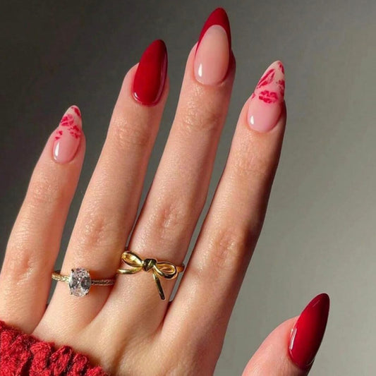 Valentine's Day Press on Nails Medium Almond Fake Nails Red French Tip False Nails with Lips Design Glue on Nail Full Cover Artificial Acrylic Stick on Nail for Women Manicure 24Pcs