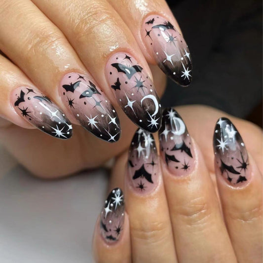 Halloween Bat Press on Nails Starry Sky Almond Fake Nails with Gradient Designs Halloween Black Glue on Nail Full Cover Reusable Acrylic Nails Medium Length False Nails for Women