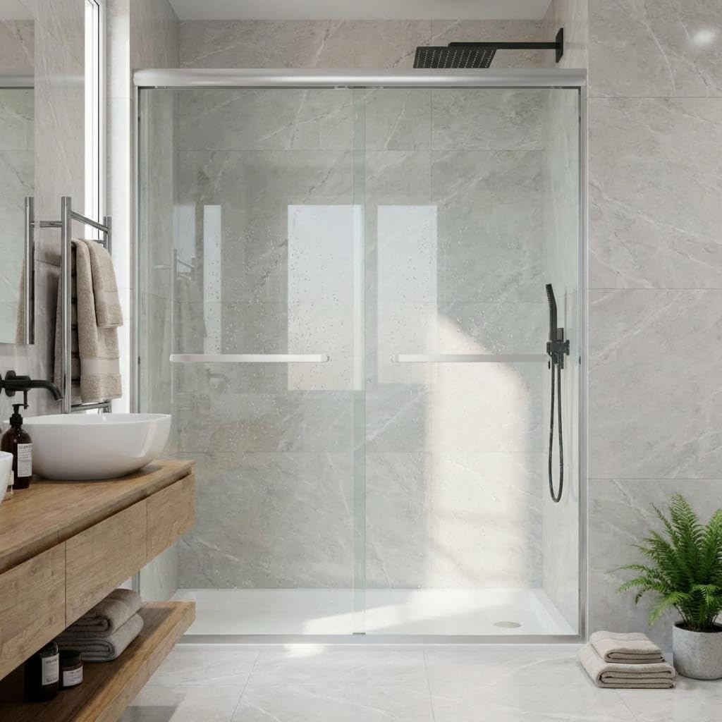 Sliding Shower Door, Aluminum Alloy Frame with 44-48" Adjustable Width x 72" Height, Features Double 6mm (1/4") Tempered Glass Panels, Brushed Nickel Square Track, Space-Saving Bypass Design
