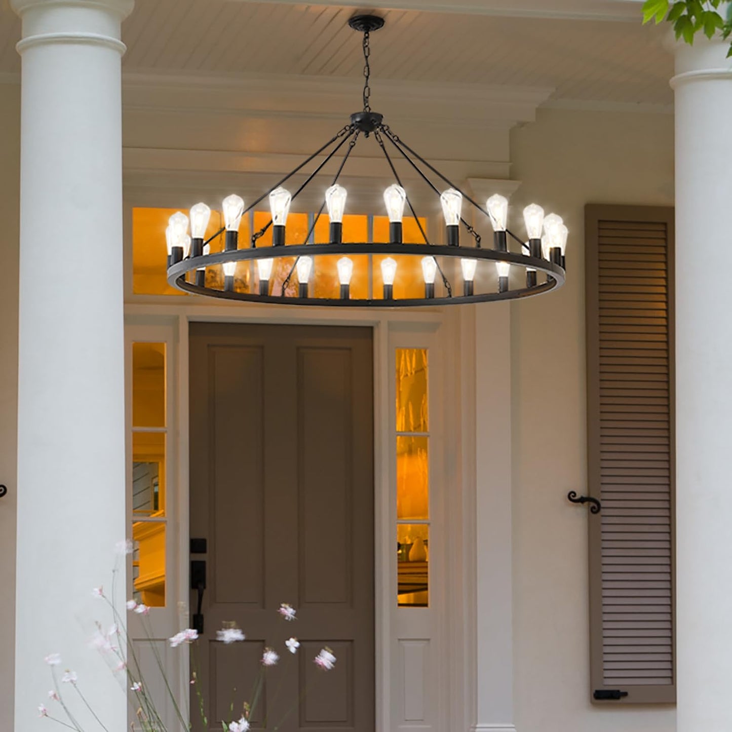 53” Large Farmhouse Wagon Wheel Chandelier,Black Rustic Chandelier 24-Lights,Round Dining Room Light with Adjustable Height,Industrial Ceiling Light Fixtures for Kitchen,Foyer,Porch,Living room
