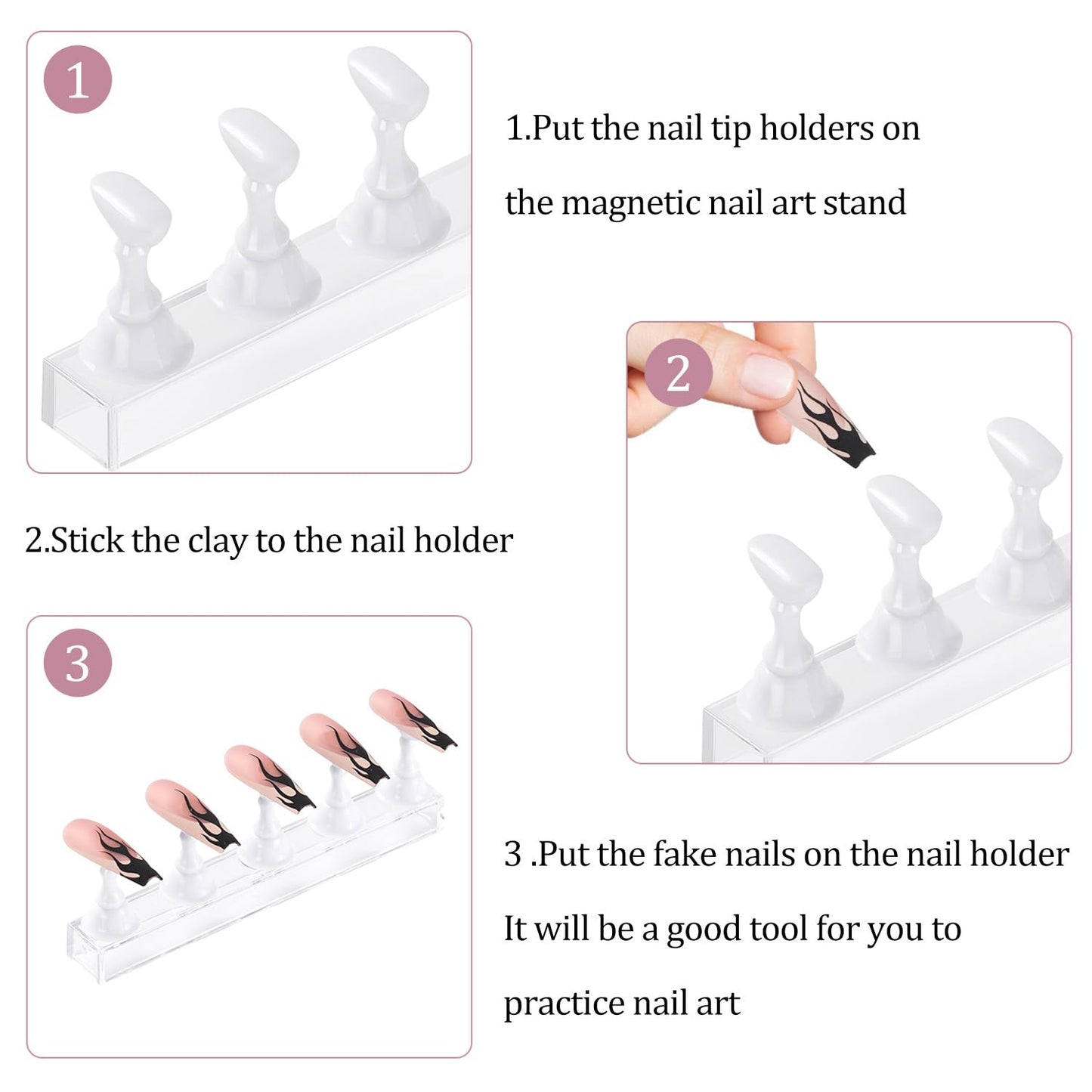 Etercycle Acrylic Nail Display Stand DIY Nail Crystal Holder Magnetic Practice Stands with Reusable Adhesive Putty Clay for False Nail Tip Manicure Tool (2 White)