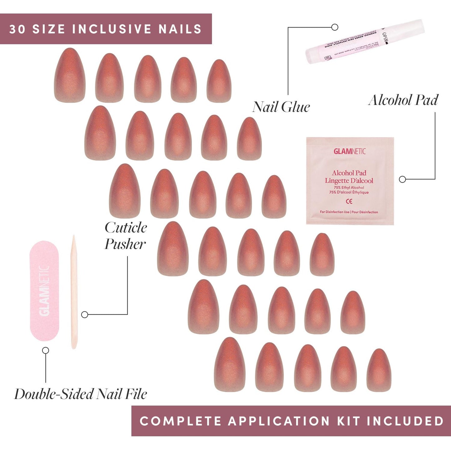 Glamnetic Press-On Nails Bundle - Rosé & Honey Bun | Short Almond Rosy-Pink Nails with a Mesmerizing Metallic Finish | Neutral Nude Velvet Sparkly Short Almond Fake Nails | Reusable Nail Kits