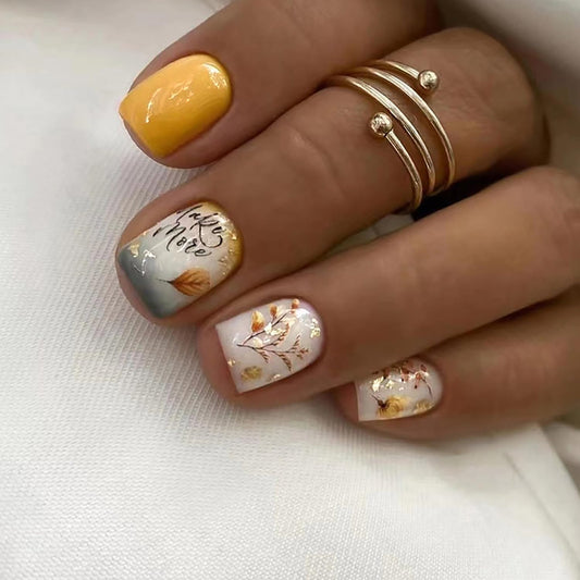 Thanksgiving Press On Short Acrylic Glossy Full Cover Nails with Maple Leaf Designs Artificial Autumn Leaves Glue on False Nails for Women Girls (W1478)