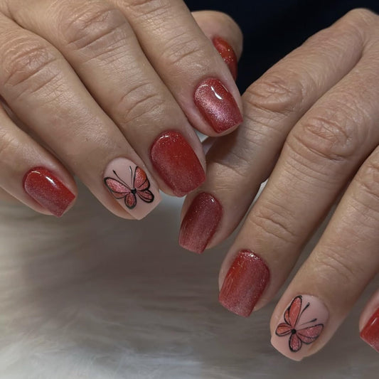 Short Press on Nails Square Fake Nails with Butterfly Design Dark Red Glossy Full Cover Stick on False Nails for Women Manicure 24Pcs