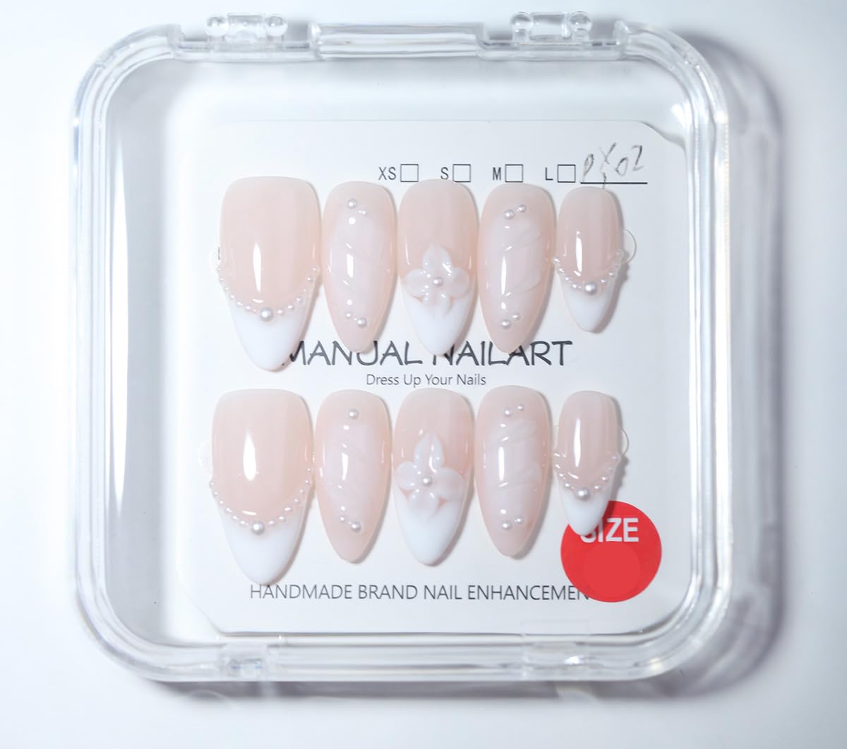10Pcs Medium Almond Handmade Press On Nails | Easy Apply & Remove, Reusable Salon Quality Nails | Elegant Nude & White Fake Nails with 3D Floral & Pearl Accents (251217, M)