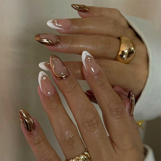 IMSOHOT French Tip Press on Nails Medium Almond Fake Nails Nude White False Nails with 3D Gold Chrome Design Glossy Acrylic Glue on Nails
