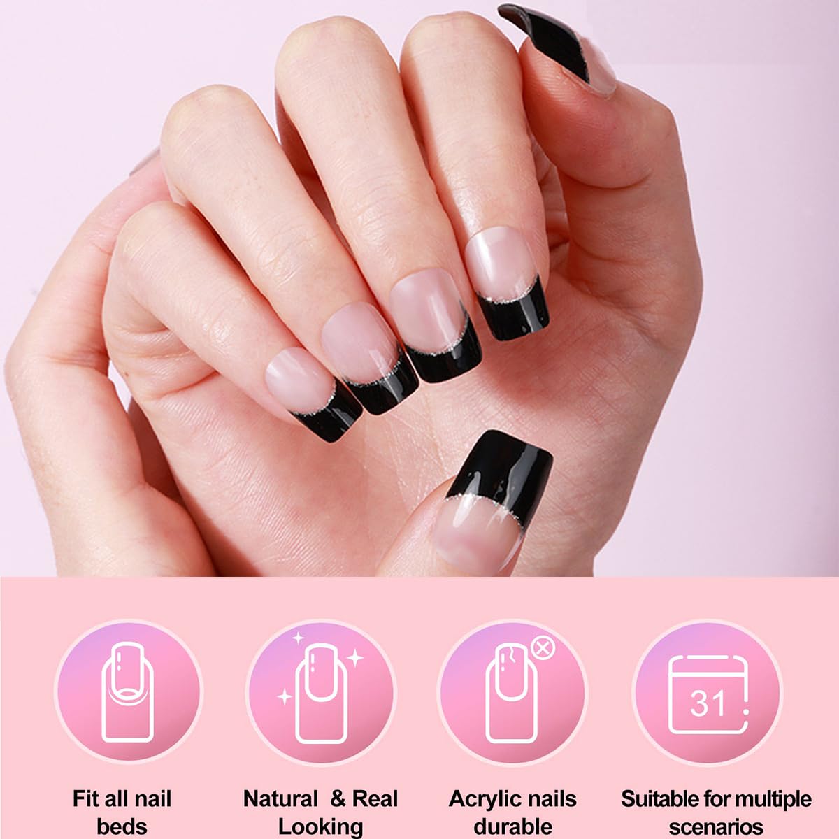Black French Tip Press on Nails Medium Square Fake Nails 120 Pcs French Tips Gel Glossy Glue on Nail Full Cover Nude Artificial Acrylic Nail Medium Length False Nails for Women Girls