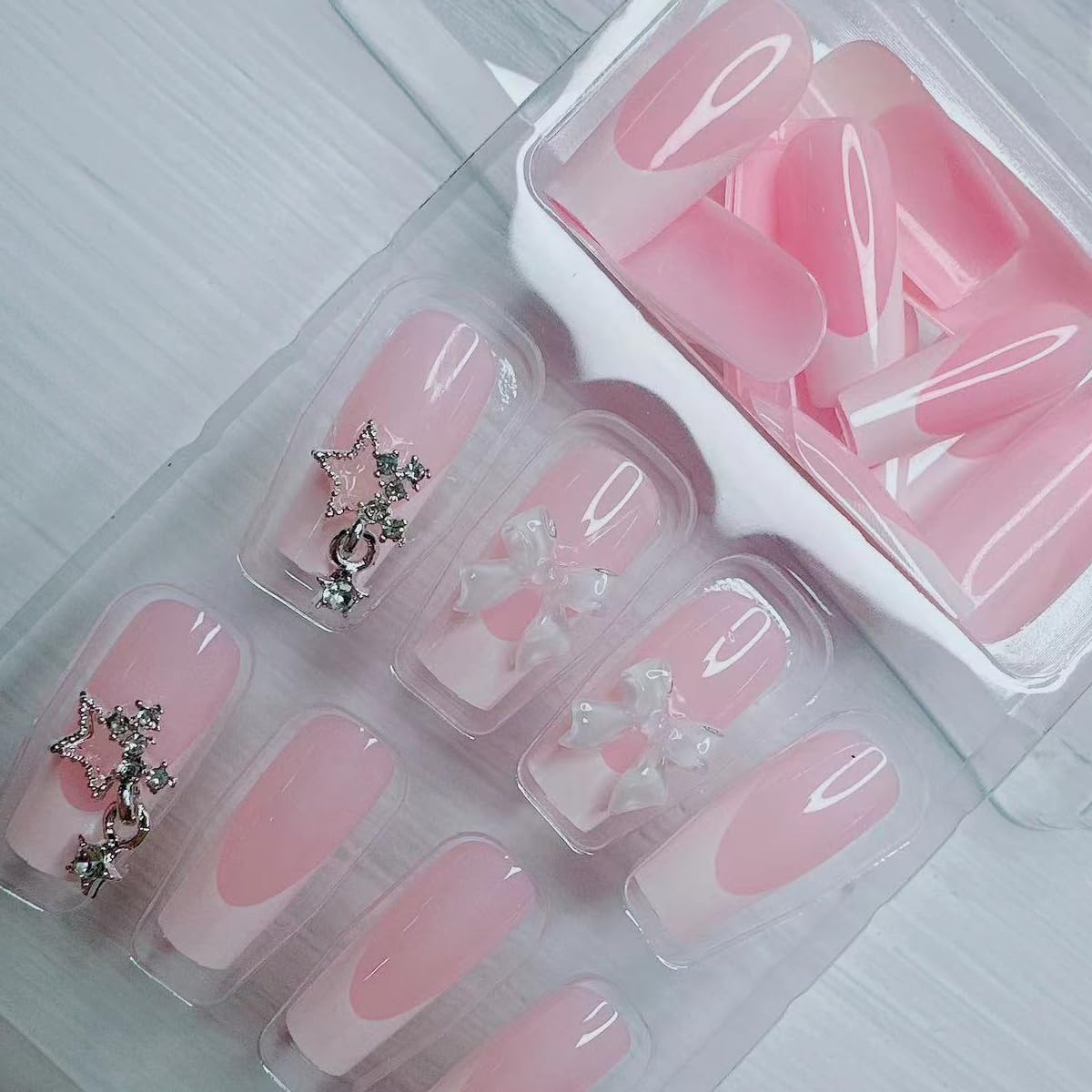 Medium Square Shaped Press on Nails White French Tip Fake Nails 3D Bow Star Design Nude Color French Nail Tips Almond Shape Press ons Cute Bow Stick on Nails for Women Daily Wear 24Pcs