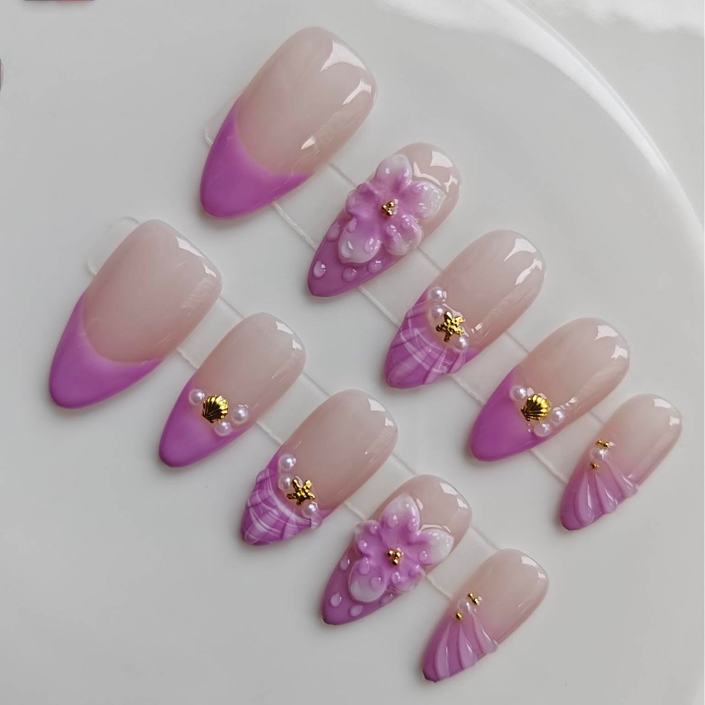 Gleamrain Purple French Tip Press on Nails Handmade Almond Medium Handcraft Press on Artificial Nails for Women, Floral Design Reusable for Daily Wear Party Birthday D301