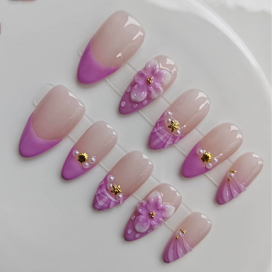 Gleamrain Purple French Tip Press on Nails Handmade Almond Medium Handcraft Press on Artificial Nails for Women, Floral Design Reusable for Daily Wear Party Birthday D301