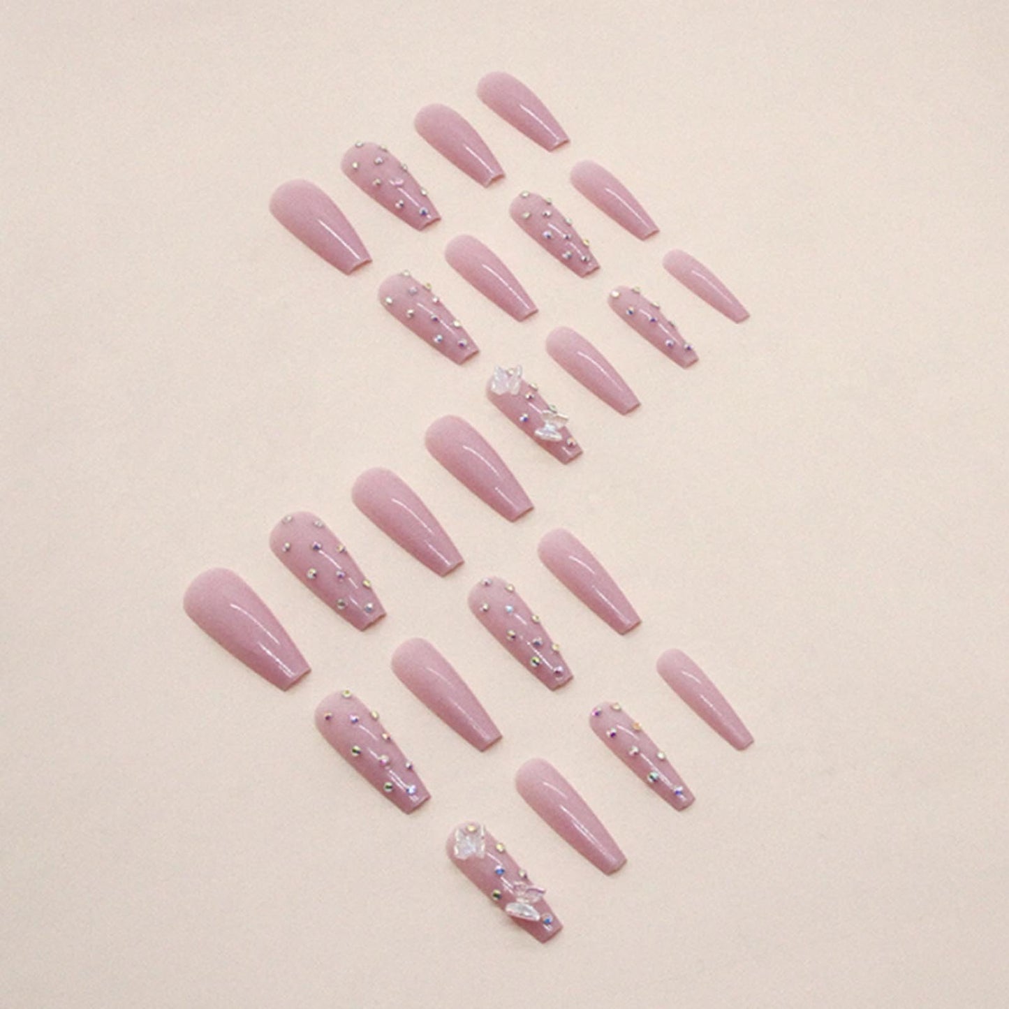 YoYoee Crystal Gem Design Nails Tips Long Coffin False Nails Nude Press on Nails Full Cover Cute Butterfly Fake Nails for Women and Girls 24PCS