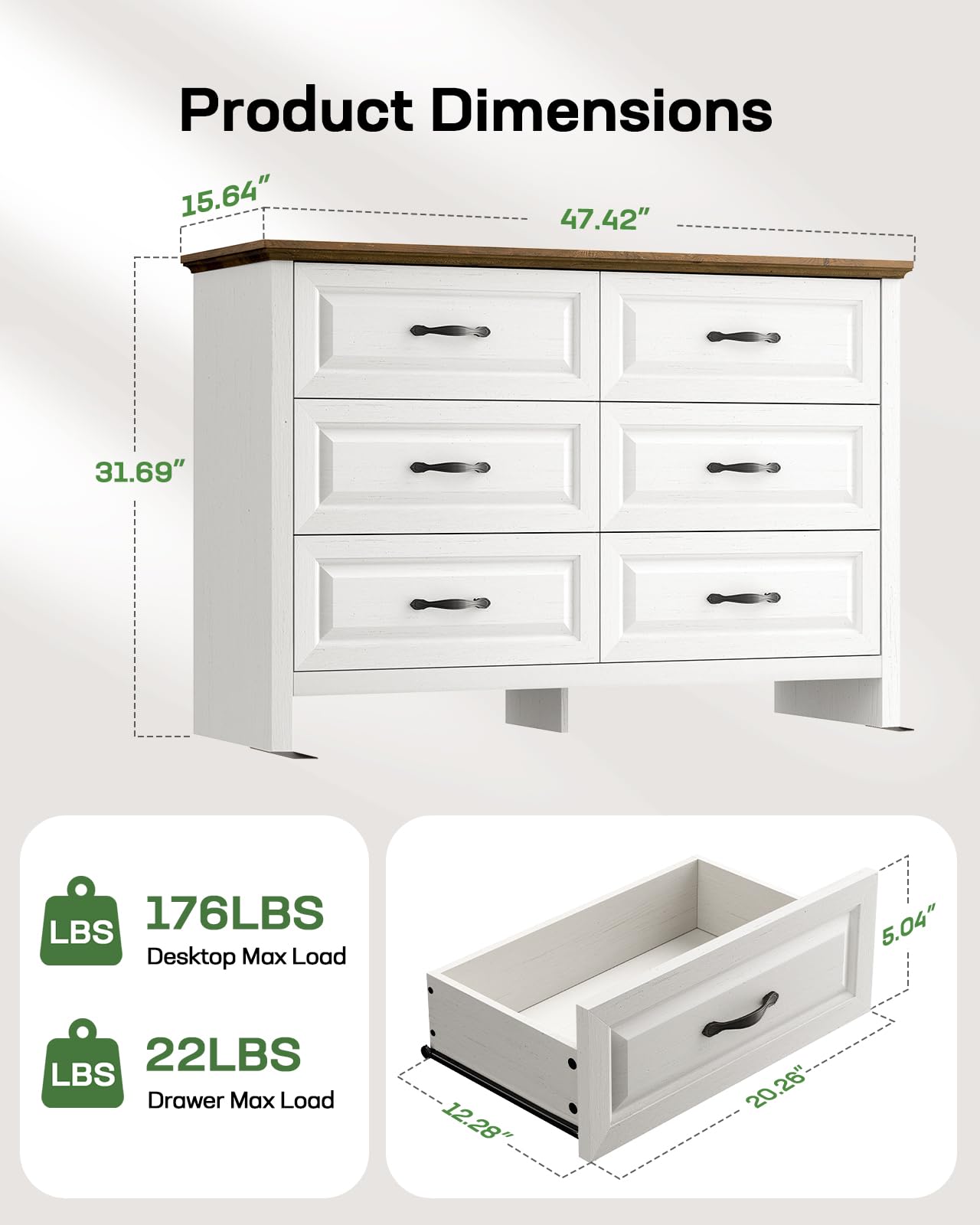 Marsail Farmhouse 6 Drawer Dresser, Wood Chest of Drawers with Natural Texture, Smooth Gliding Drawers, Versatile Storage Organizer Cabinet for Bedroom & Living Room, White and Brown